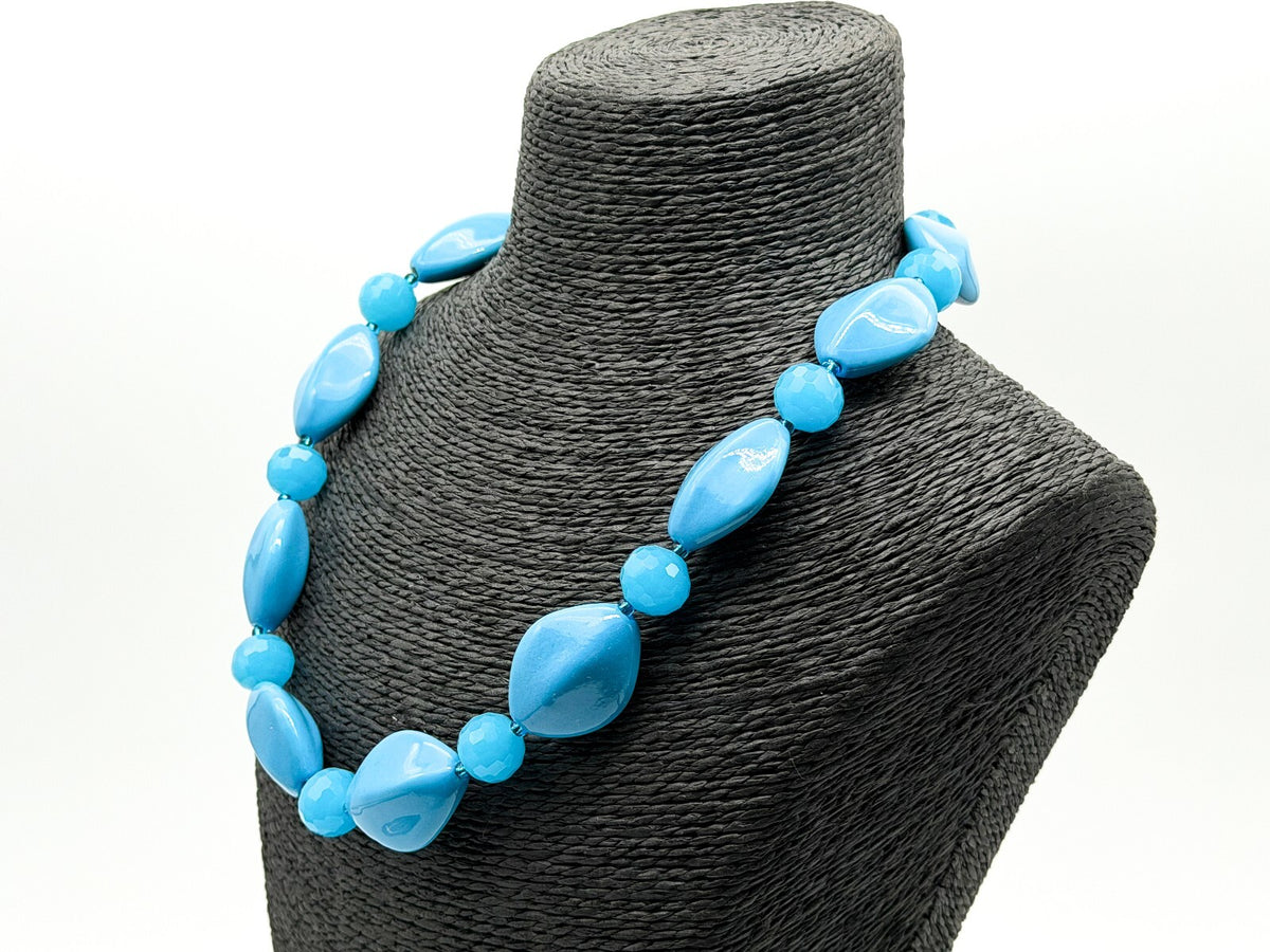 Blue Ceramic Glass Statement Necklace Sky Blue Toggle Clasp 20.5” Summer