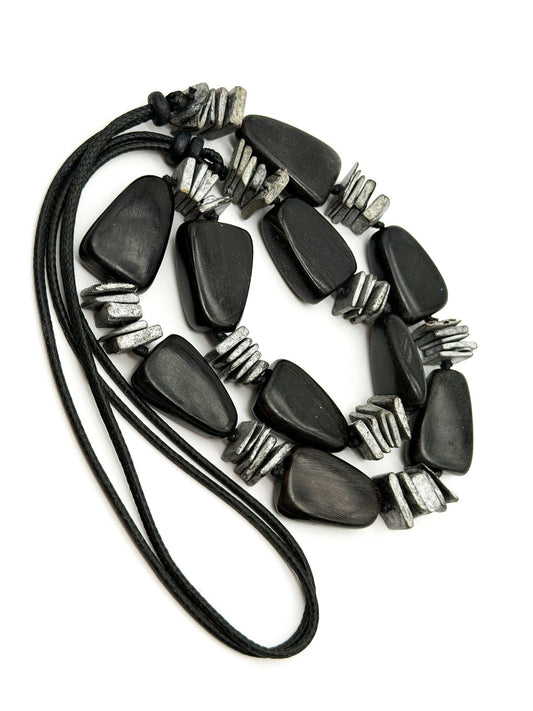 Shungite Gemstone Necklace Black Nugget Beads Silver Spacer Modern Statement