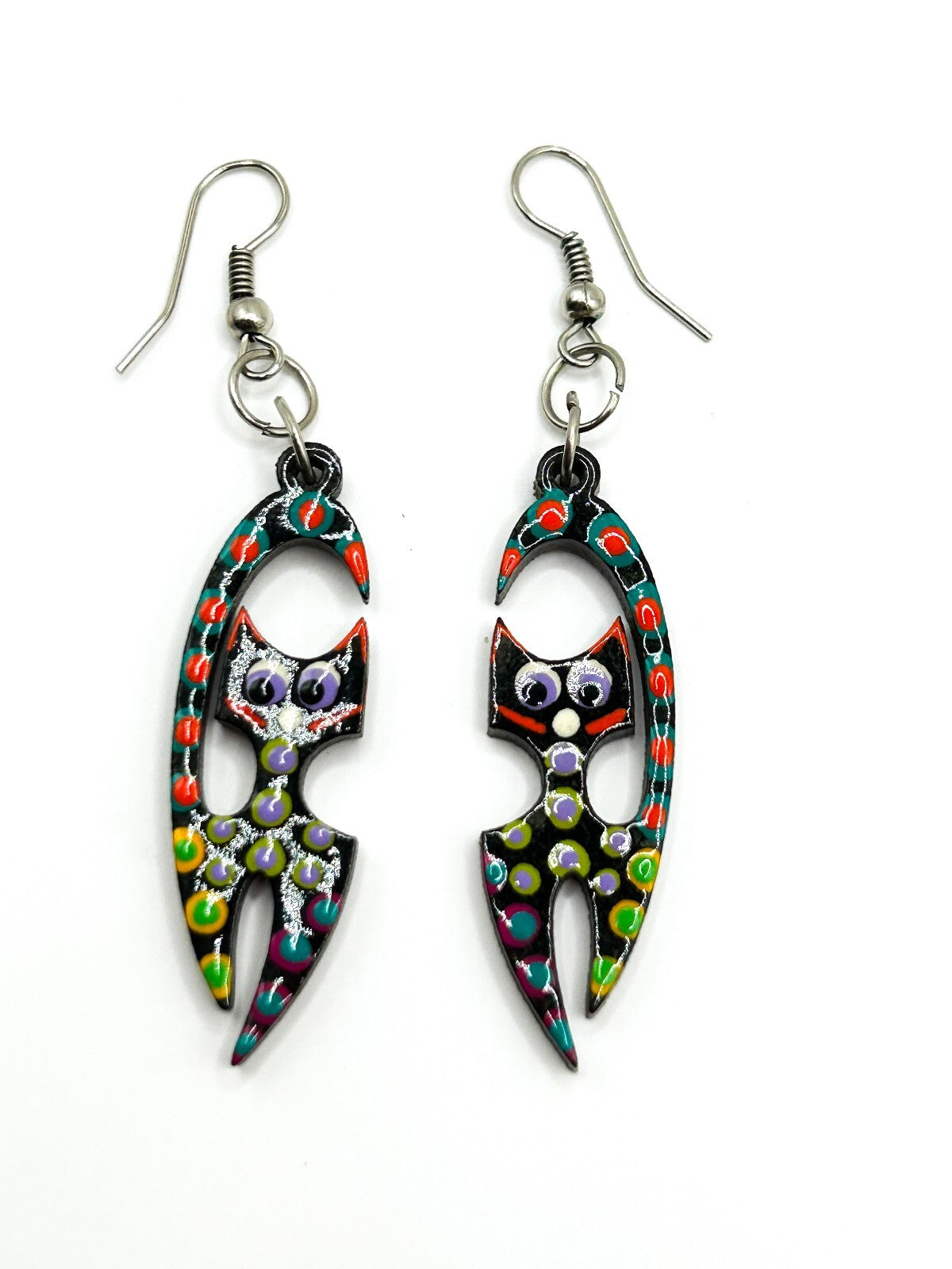 Hand Painted Wooden Cat Earrings Colourful Folk Art Dangle Quirky Felines