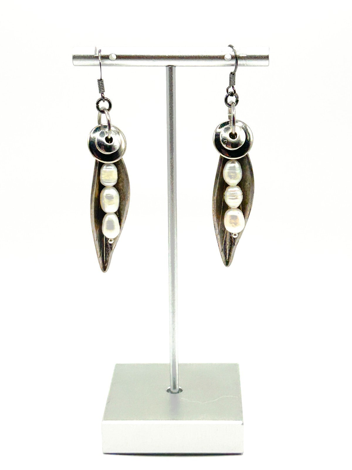 Freshwater Pearl Sculptural Leaf Earrings Silver Tone BD-Eye Original