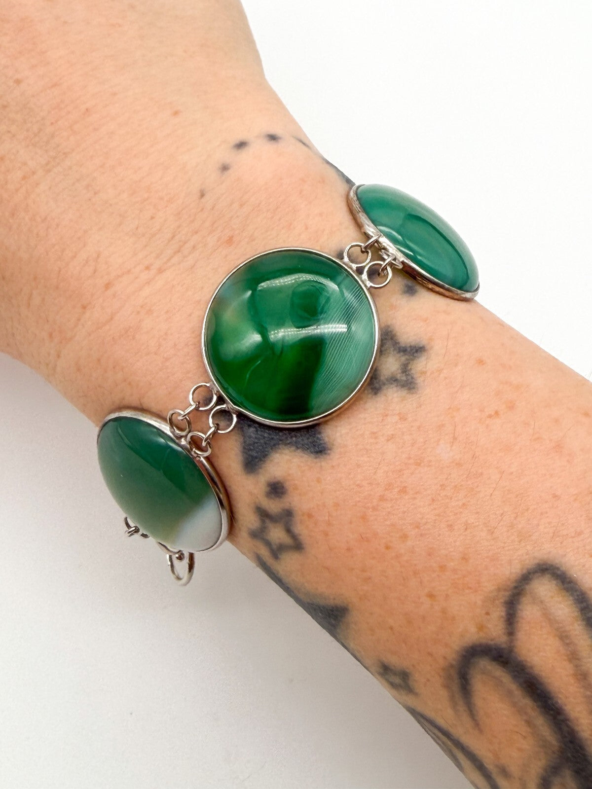 925 Sterling Silver Plated Green Agate Link Bracelet Open Bezel Gemstone Toggle