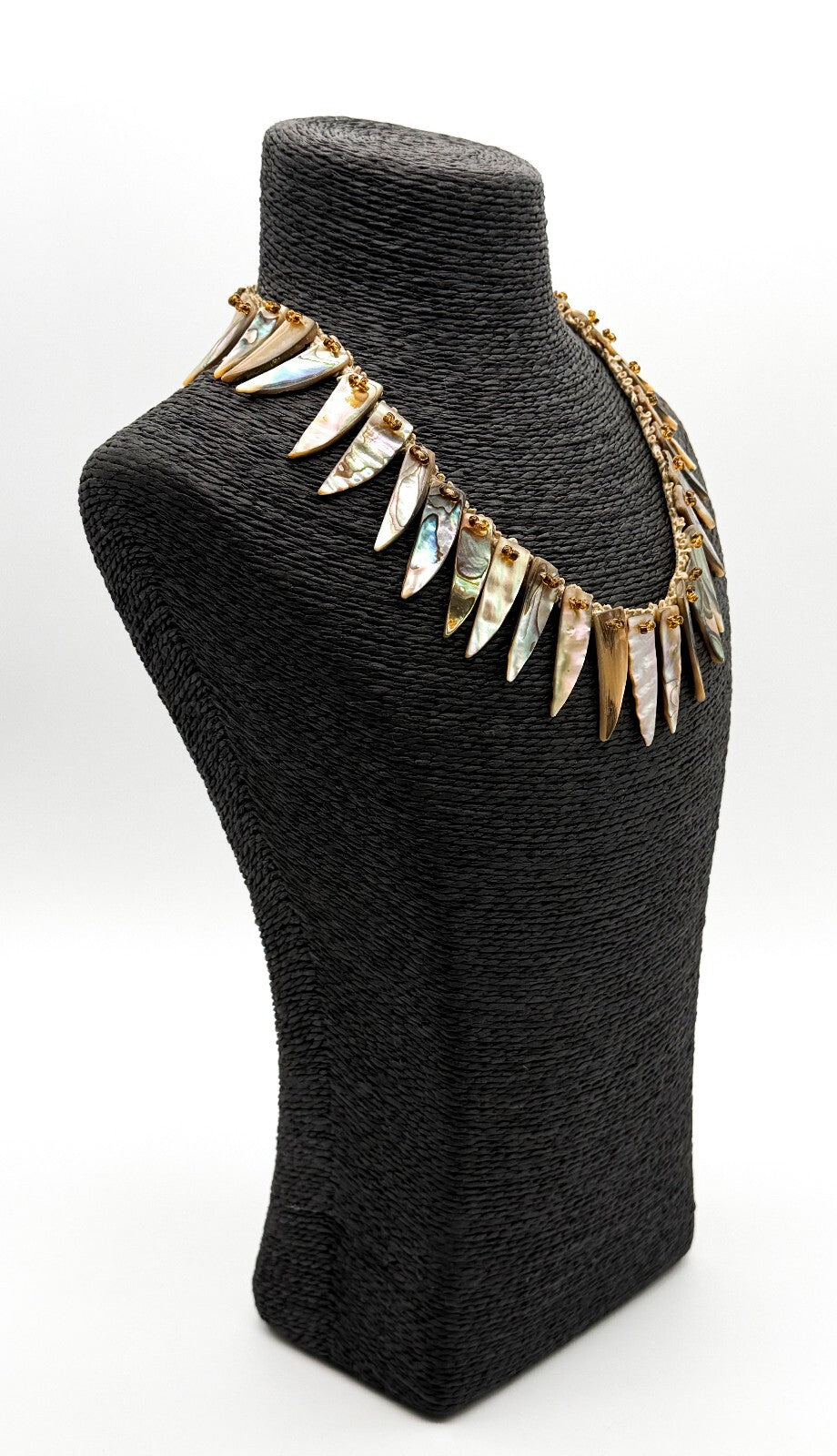 Vintage Abalone Shell Feather Spike Necklace Lace Beaded Statement 17” Boho