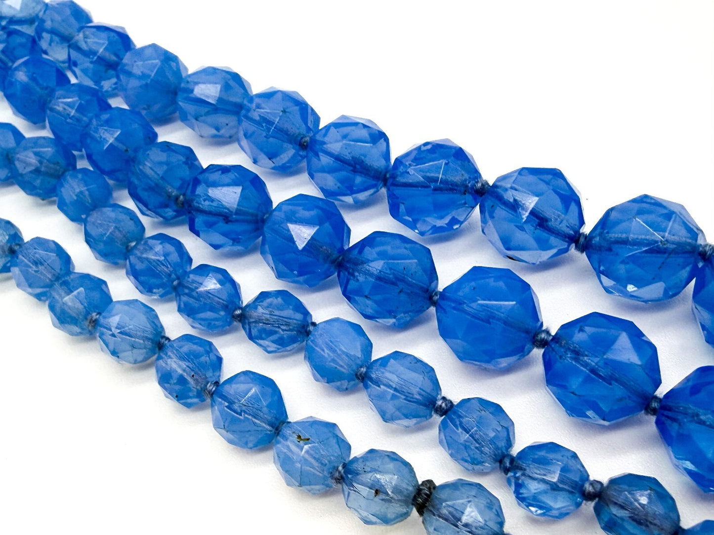 Vintage Long Blue Faceted Glass Bead Necklace Hand Knotted Continuous Strand