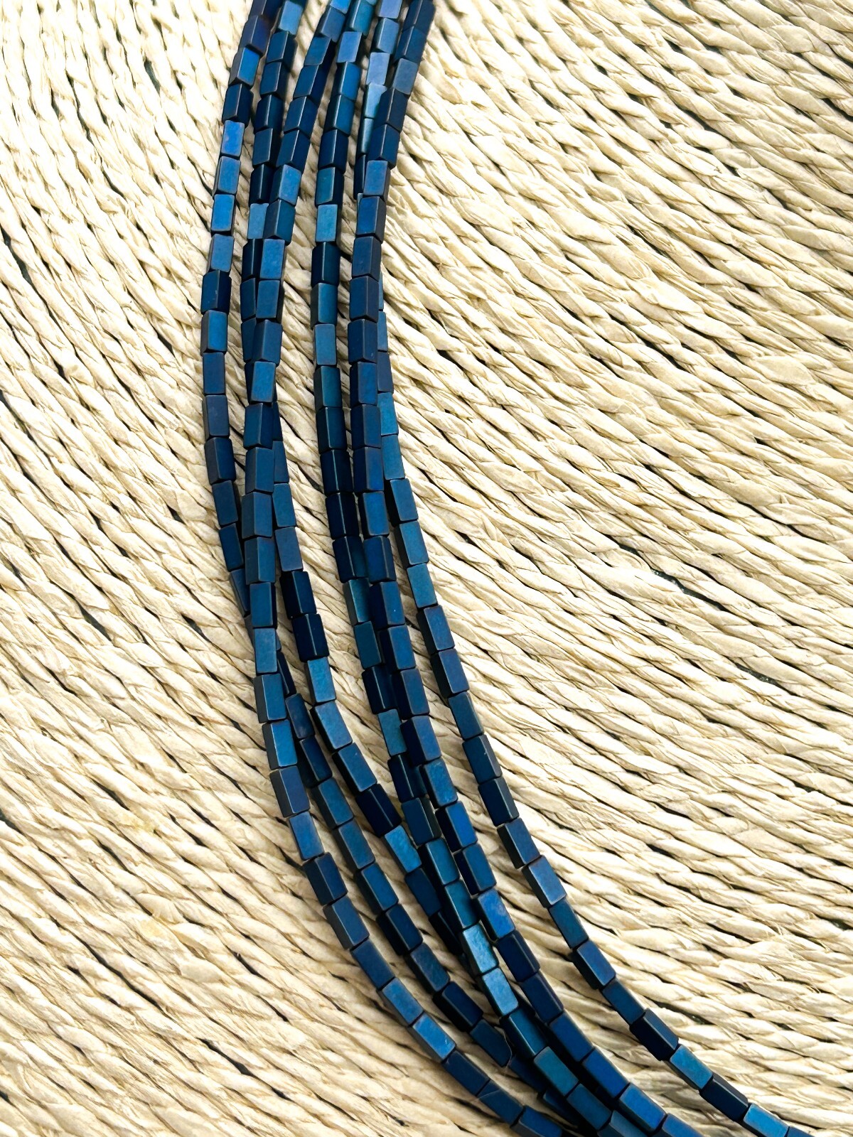 Blue Hematite Multi Strand Necklace Iridescent Rectangular Beads 19”