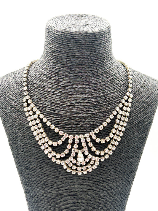 Vintage Rhinestone Bib Necklace Silver Tone Draped Cup Chain Bridal Statement
