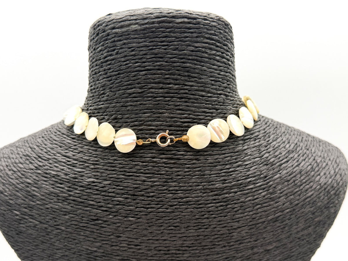 Vintage Mother of Pearl Disc Necklace Genuine Shell Choker 15.5”