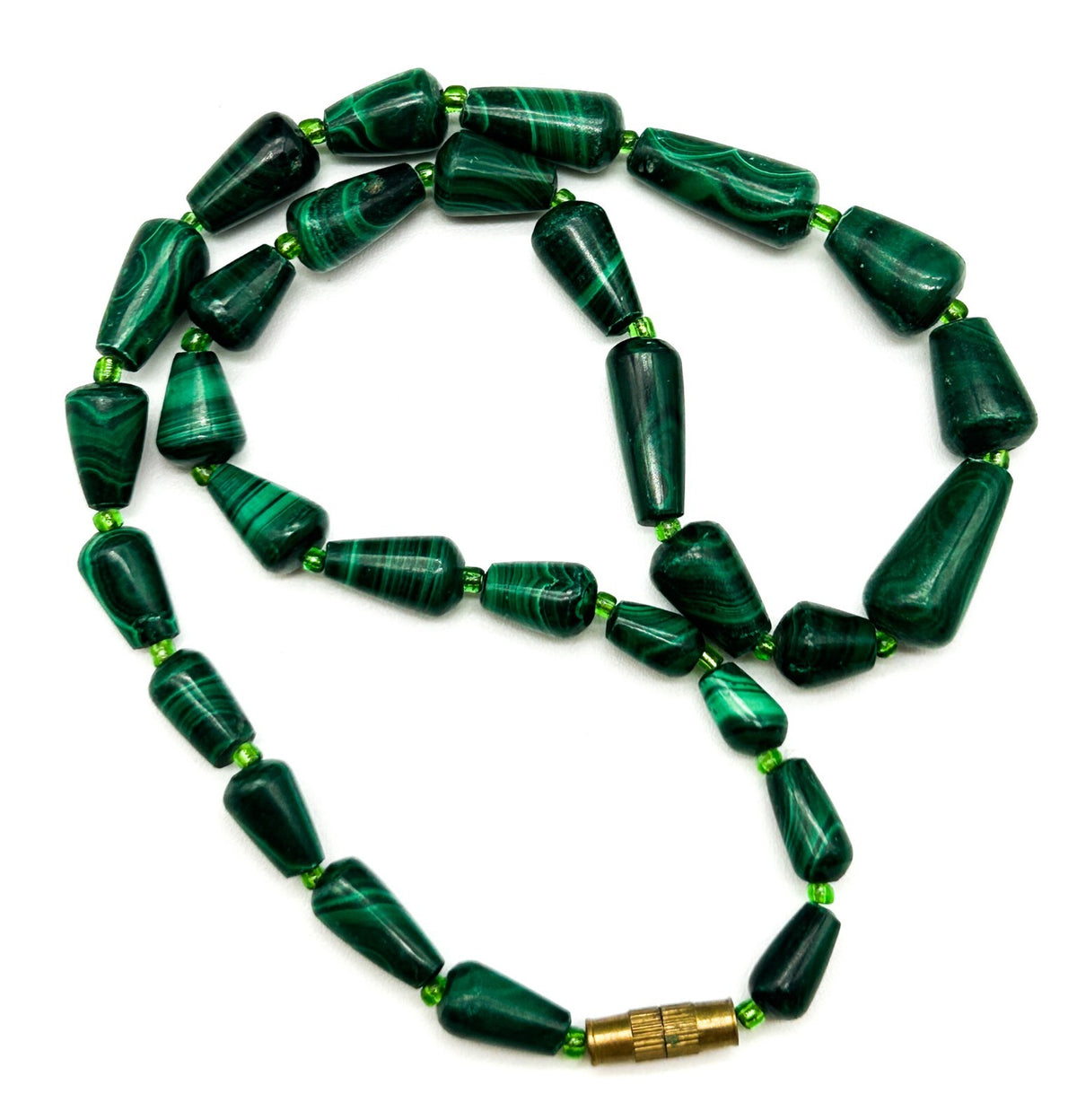 Vintage Genuine Malachite Bead Necklace Green Gemstone Cone Beads 15.5”