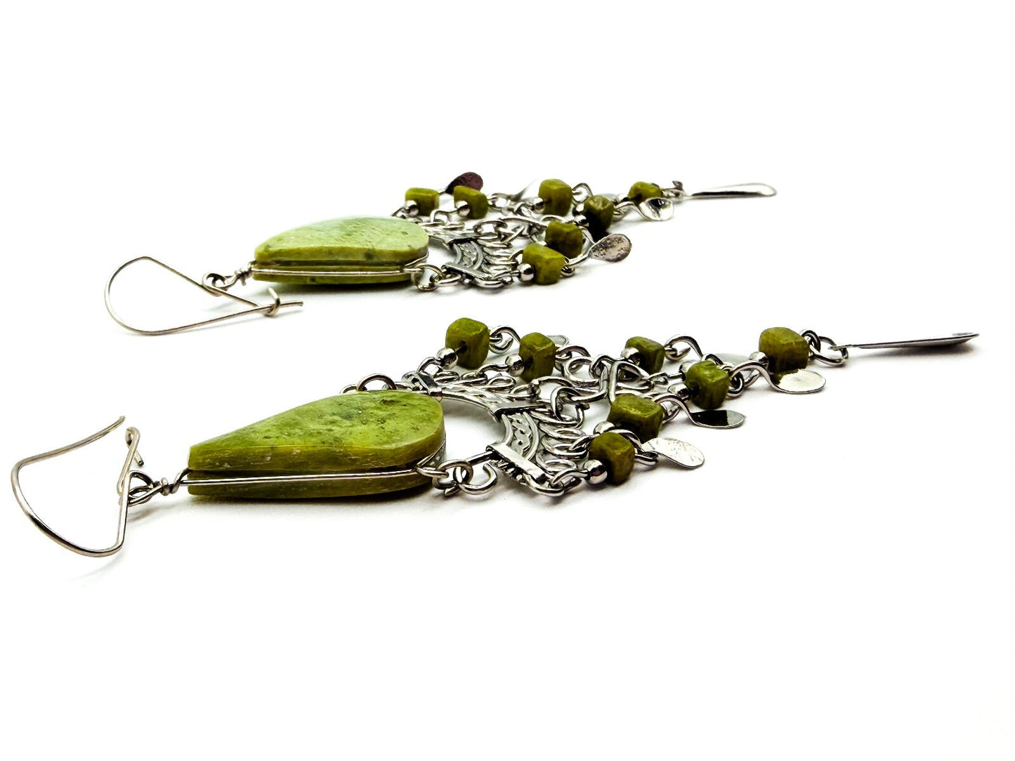 Peruvian Alpaca Silver Serpentine Necklace Earrings Set Wirework Floral Bib