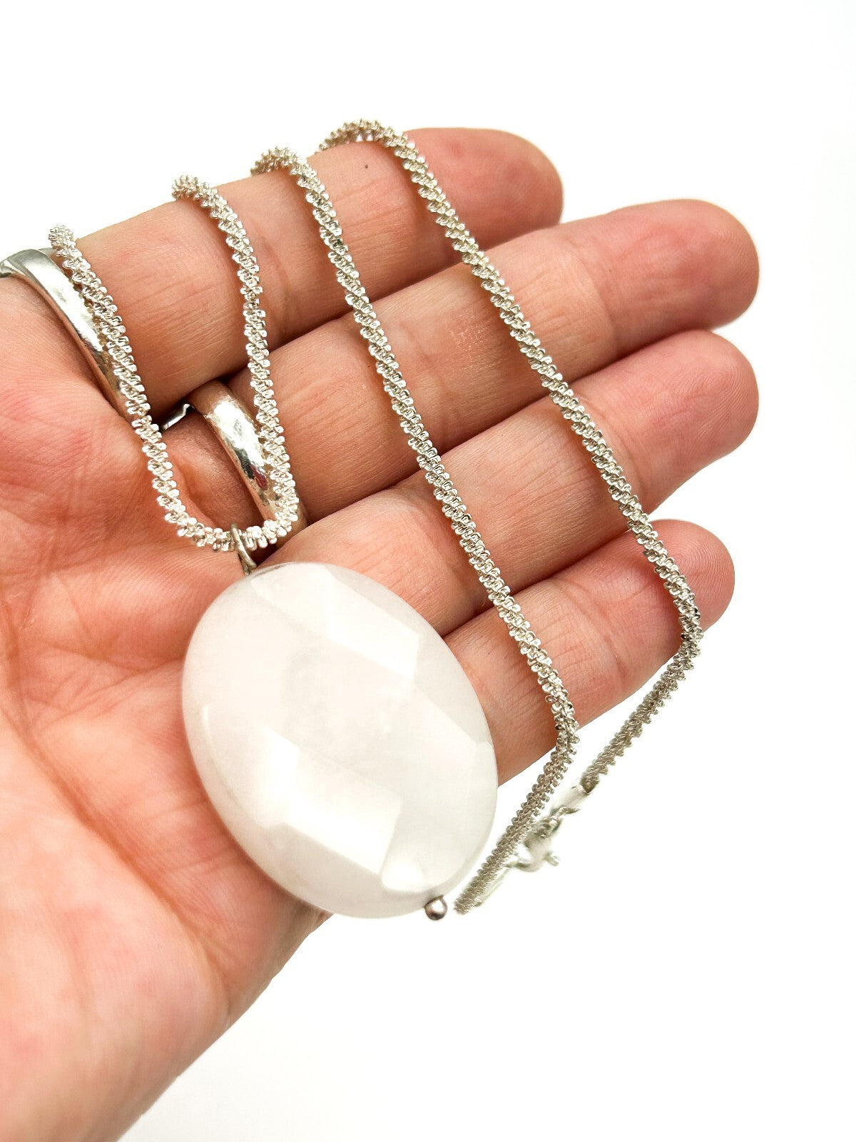 Natural White Jade Pendant Necklace Faceted Oval Gemstone 16.5” Silver Tone