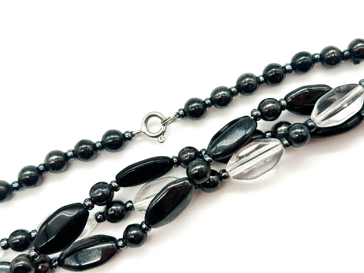 Vintage Black Clear Glass Triple Strand Twist Necklace Statement Beaded 26.5”