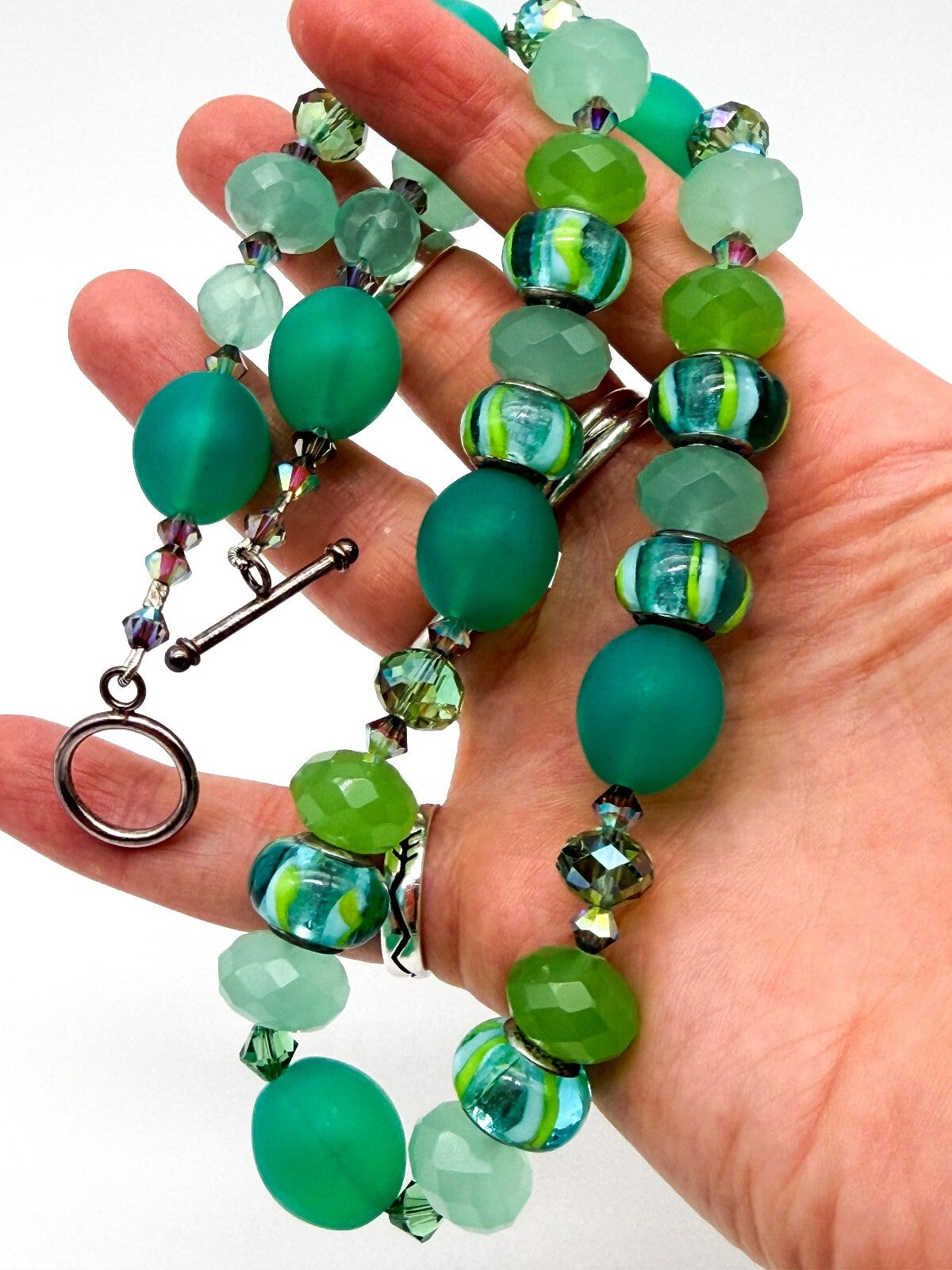 Frosted Green Glass Necklace Earrings Set Lampwork Beads Toggle Clasp Statement