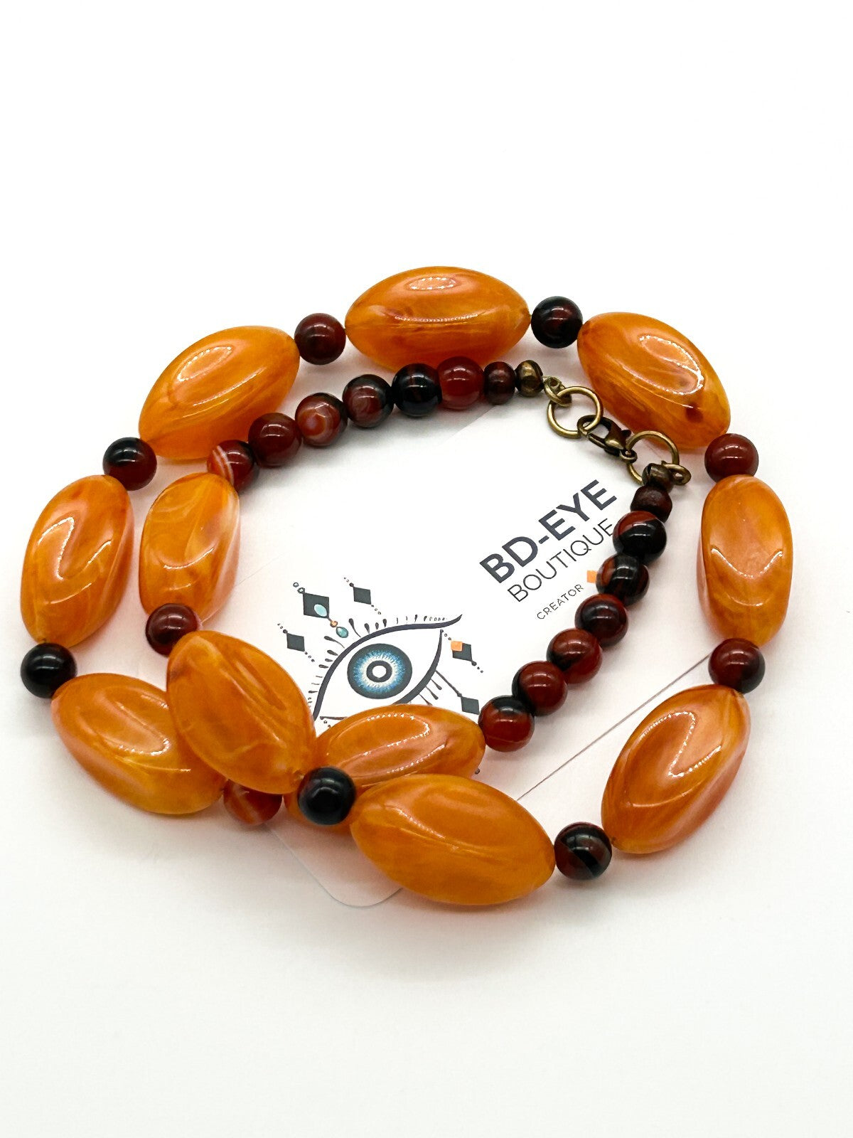 Orange Lucite Banded Agate Beaded Necklace Chunky Boho Statement 21.5”