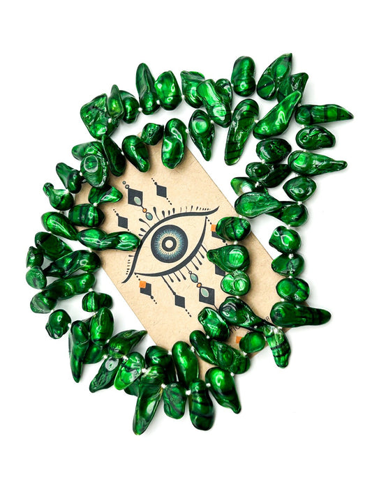 Dyed Green Baroque Pearl Necklace Resin Coated Organic Pearl Statement Necklace