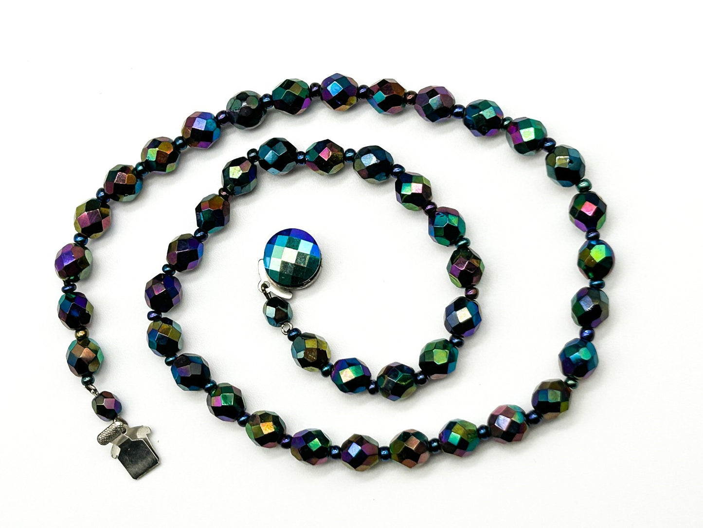 Vintage Carnival Glass Bead Necklace Peacock Iridescent Faceted 19”