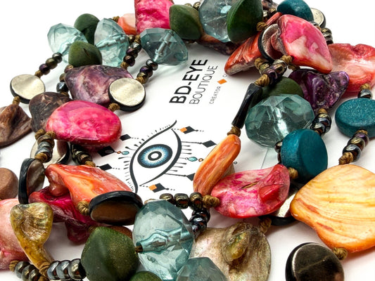 Boho Long Hand Knotted Shell Wood Acrylic Bead Statement Necklace Multicolour