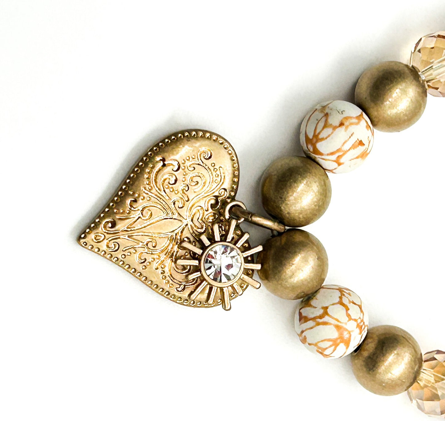 Signed Bibi Bijoux Ornate Heart Charm Bracelet Gold Tone Crystal Marble Stretch