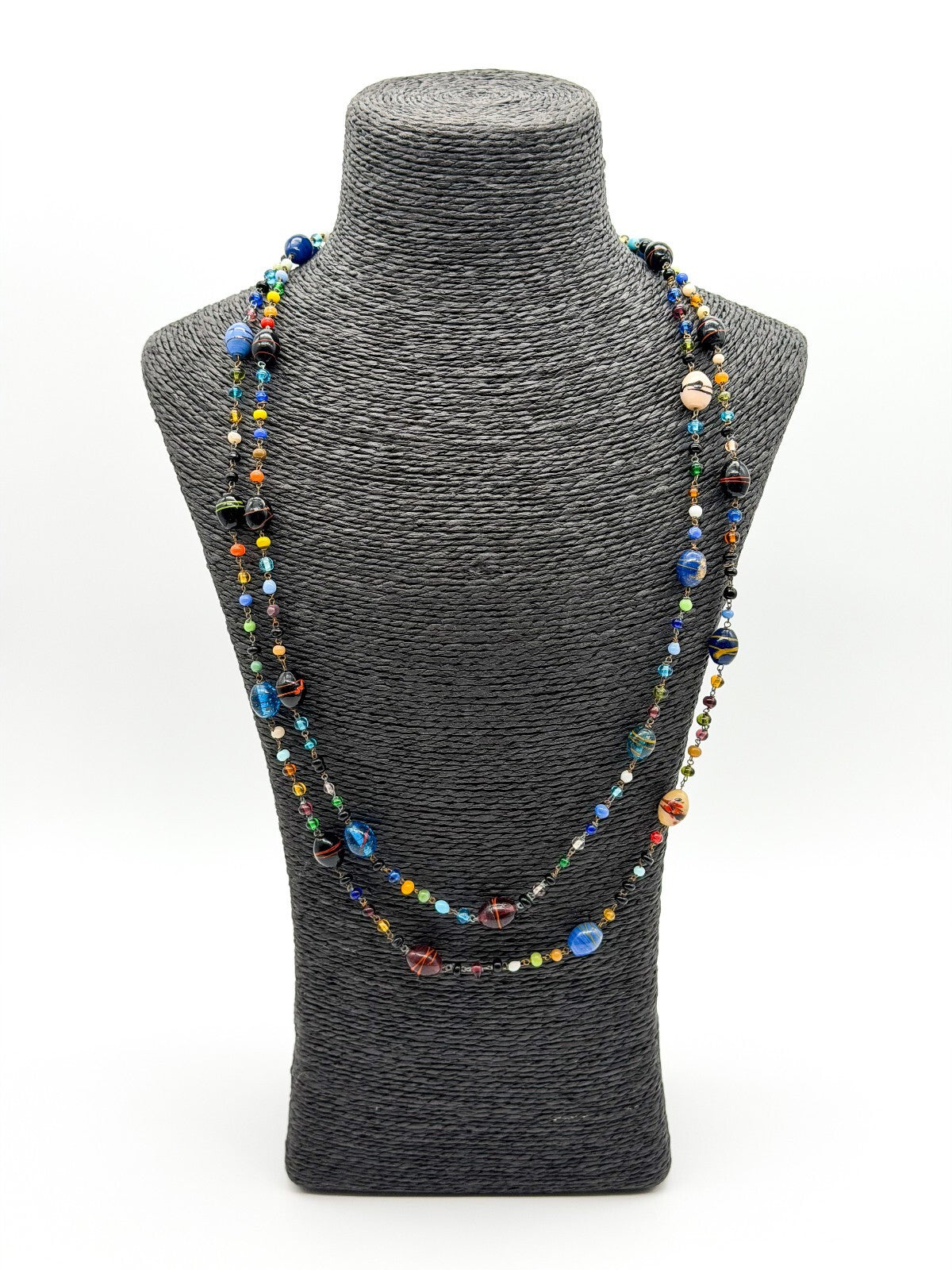 Vintage Murano Glass Necklace Italian Art Glass Flapper Blue Lampwork 26.5”