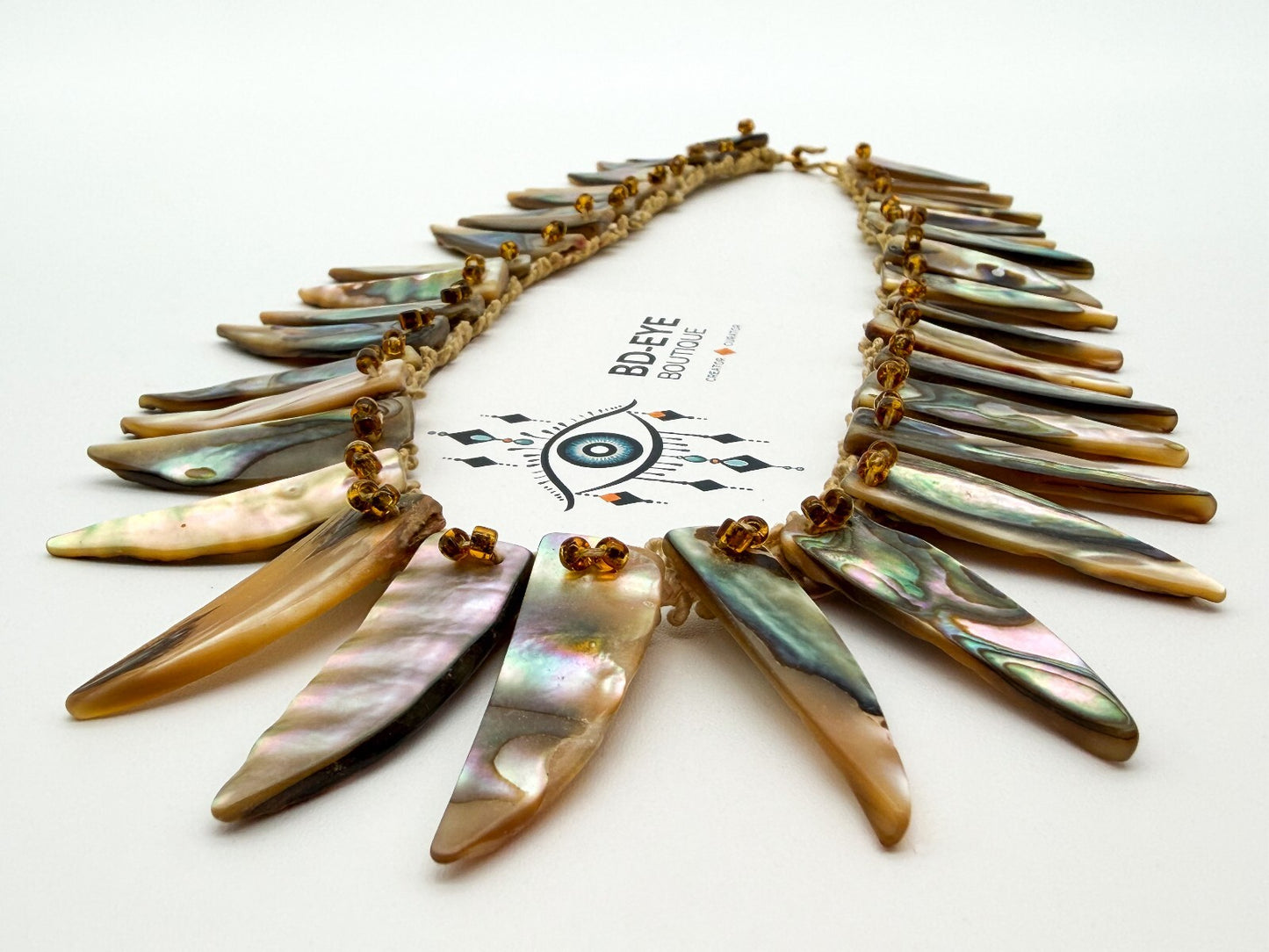 Vintage Abalone Shell Feather Spike Necklace Lace Beaded Statement 17” Boho
