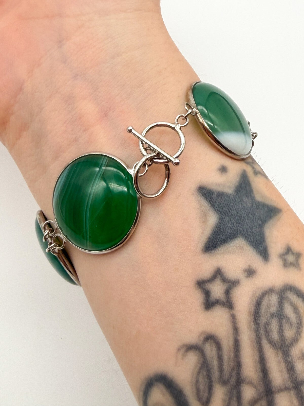 925 Sterling Silver Plated Green Agate Link Bracelet Open Bezel Gemstone Toggle