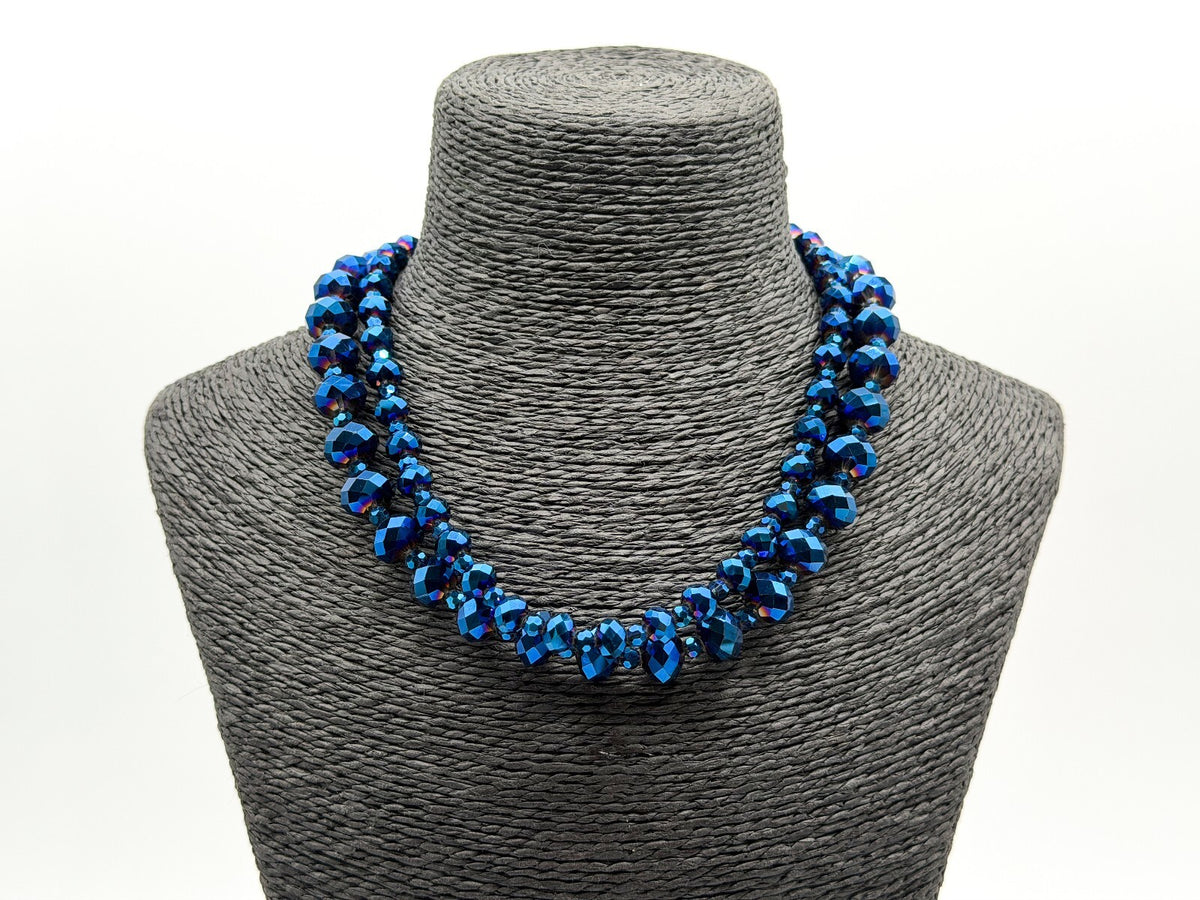 Multi Strand Blue Purple Iridescent Oil Slick Glass Beaded Necklace 925 Toggle