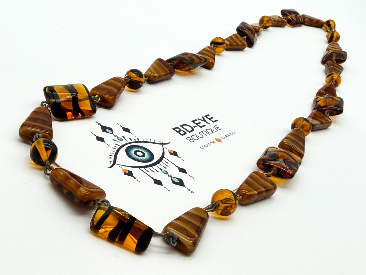 Vintage Amber Art Glass Necklace Givre Black Stripe Geometric Beads 24.5 Inch
