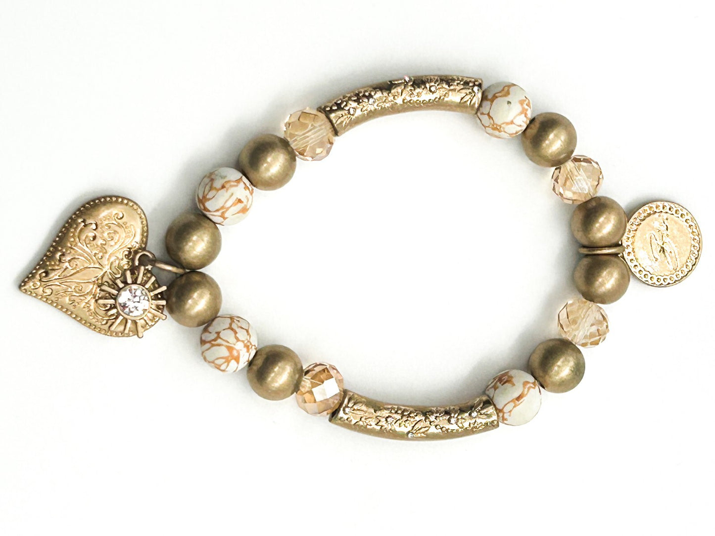 Signed Bibi Bijoux Ornate Heart Charm Bracelet Gold Tone Crystal Marble Stretch