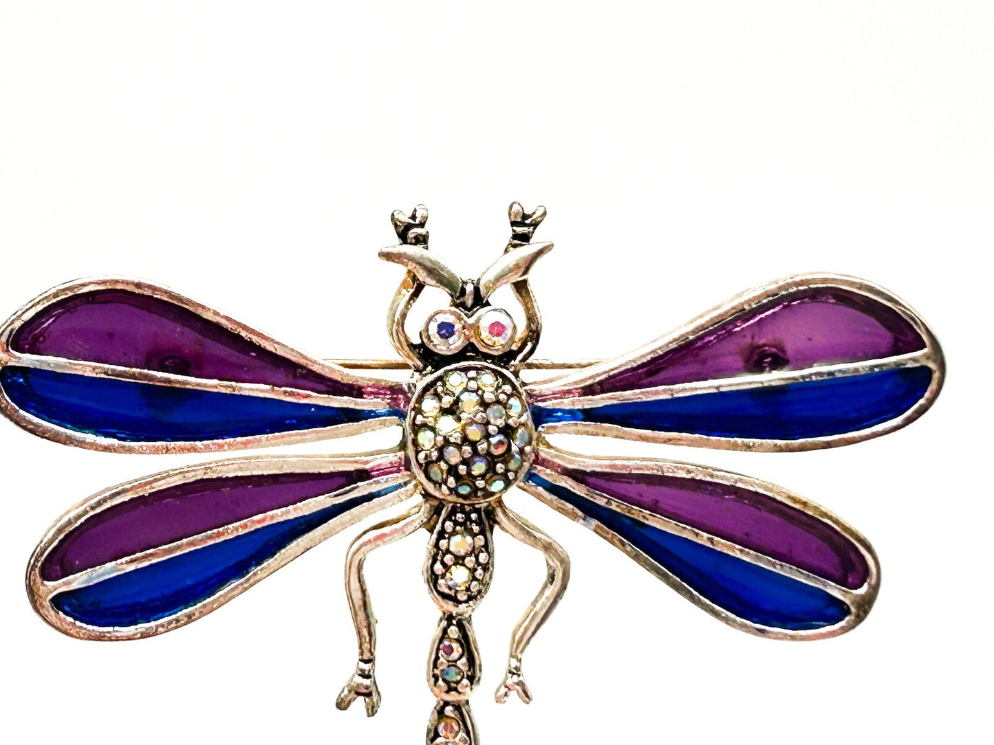 Vintage Purple Enamel Dragonfly Brooch AB Rhinestone Glass Figural Statement