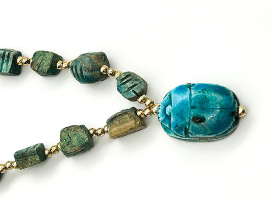 Vintage Egyptian Revival Scarab Necklace Blue Green Ceramic Beetle Pendant
