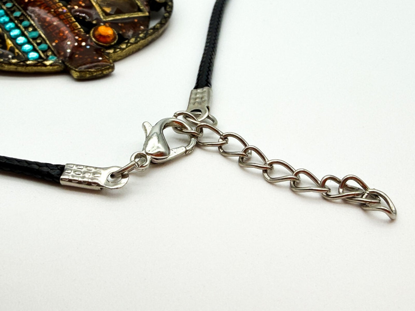 Ikita Paris Statement Pendant Necklace Brown Enamel Turquoise Rhinestone Cord