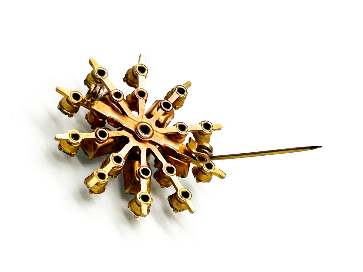 Vintage Blue Clear Rhinestone Starburst Brooch Gold Tone Atomic Snowflake Pin