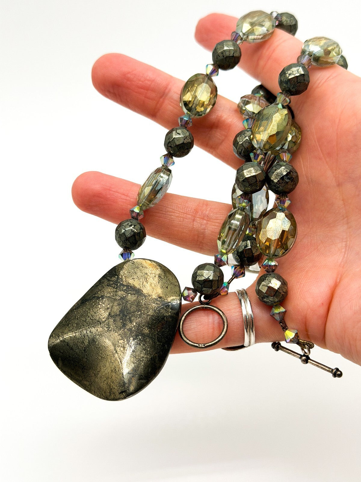 Natural Pyrite Statement Necklace Faceted Smoky AB Crystal Gemstone Pendant
