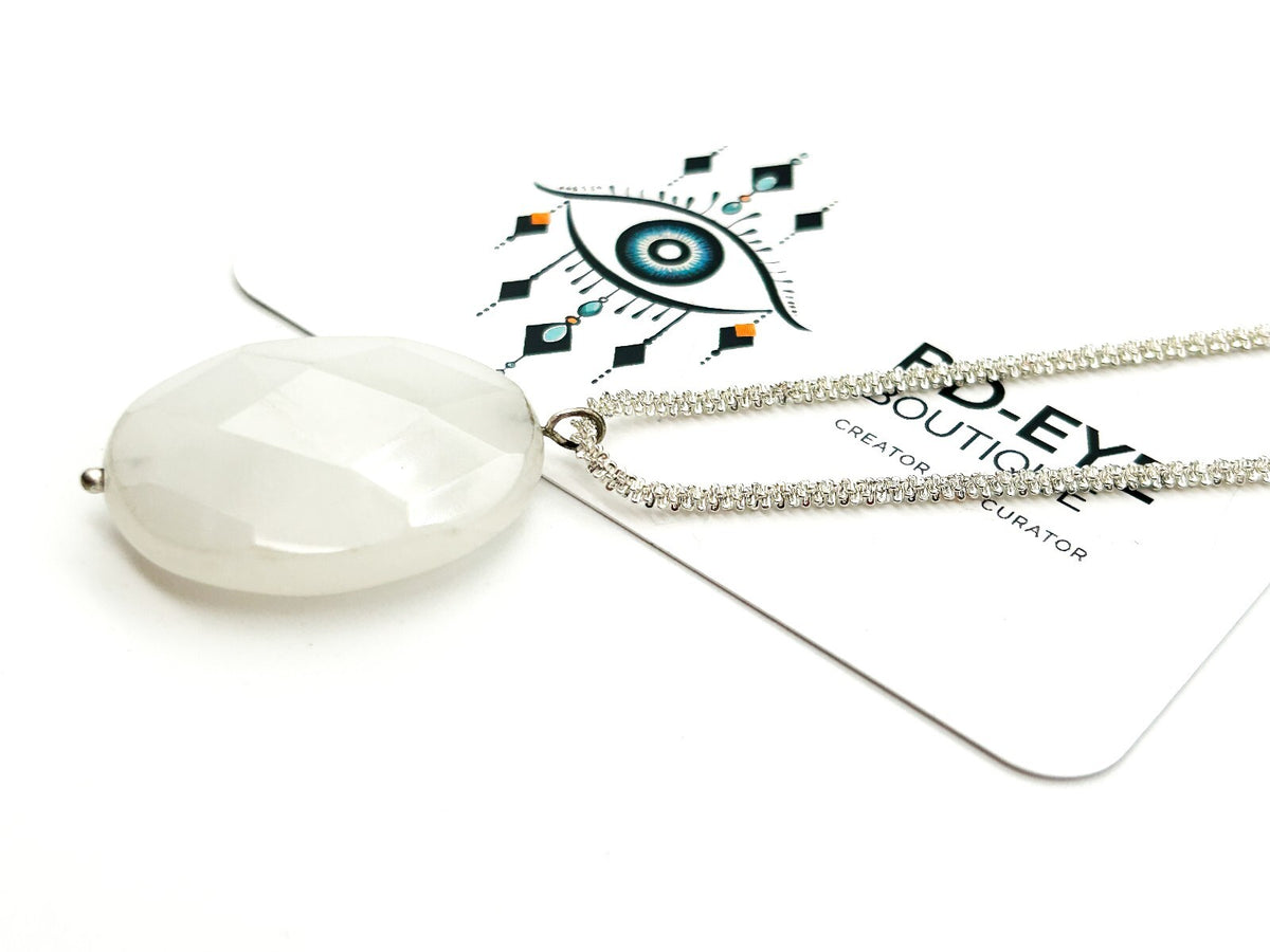 Natural White Jade Pendant Necklace Faceted Oval Gemstone 16.5” Silver Tone