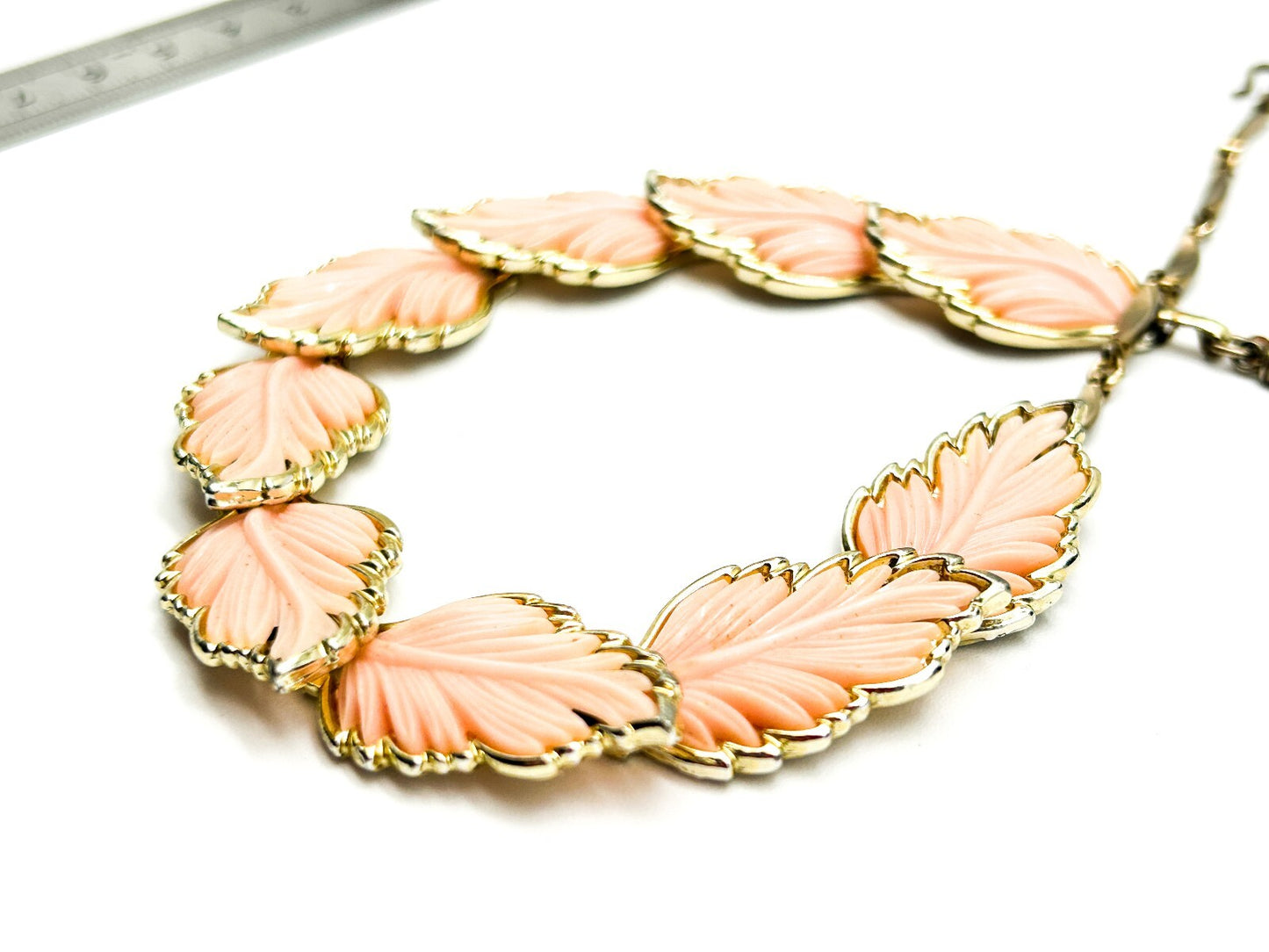 Vintage Pink Thermoset Lucite Leaf Necklace Silver Tone Articulated Leaves