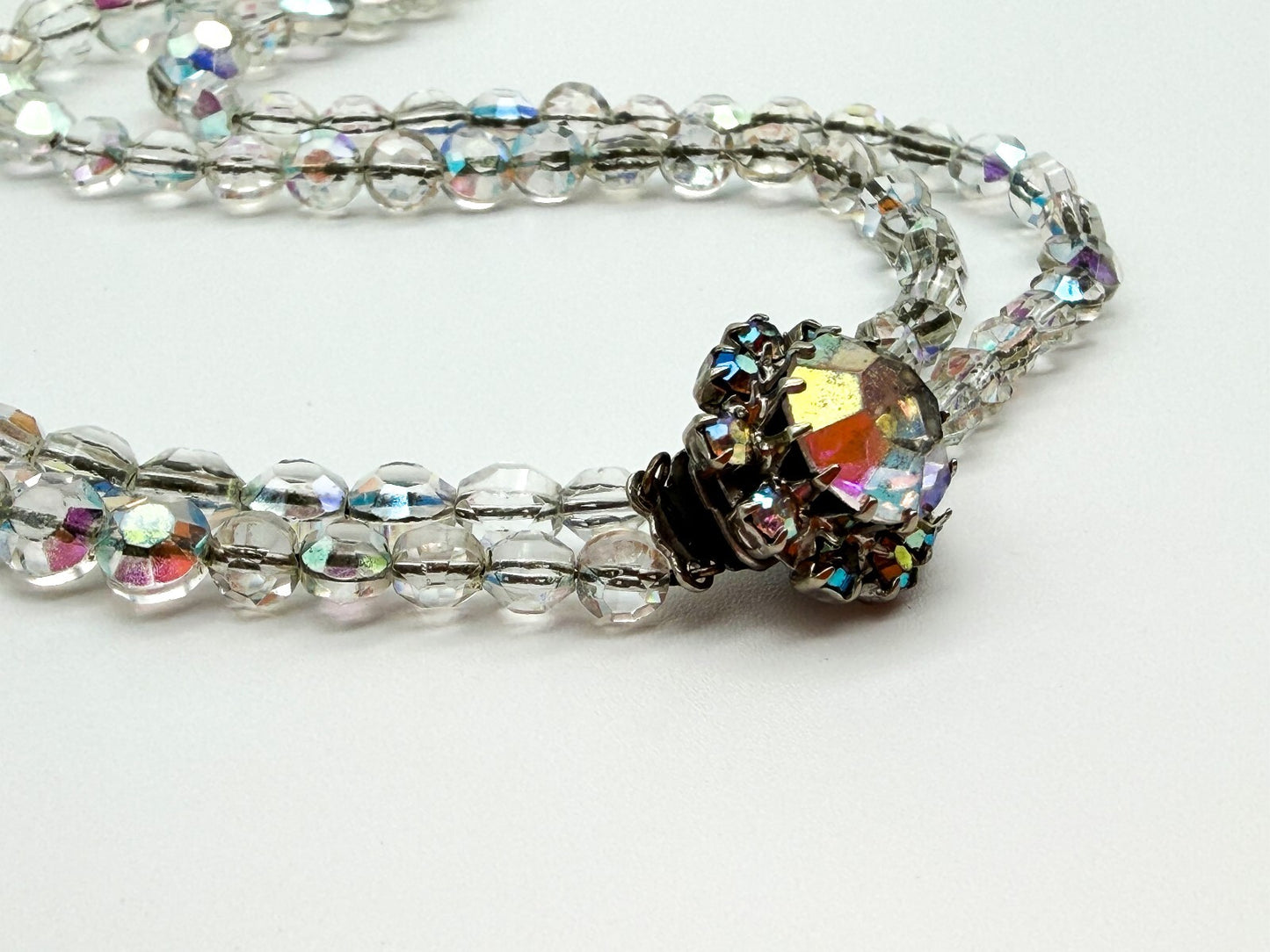 Vintage Aurora Borealis Crystal Glass Double Strand Necklace Rhinestone Clasp