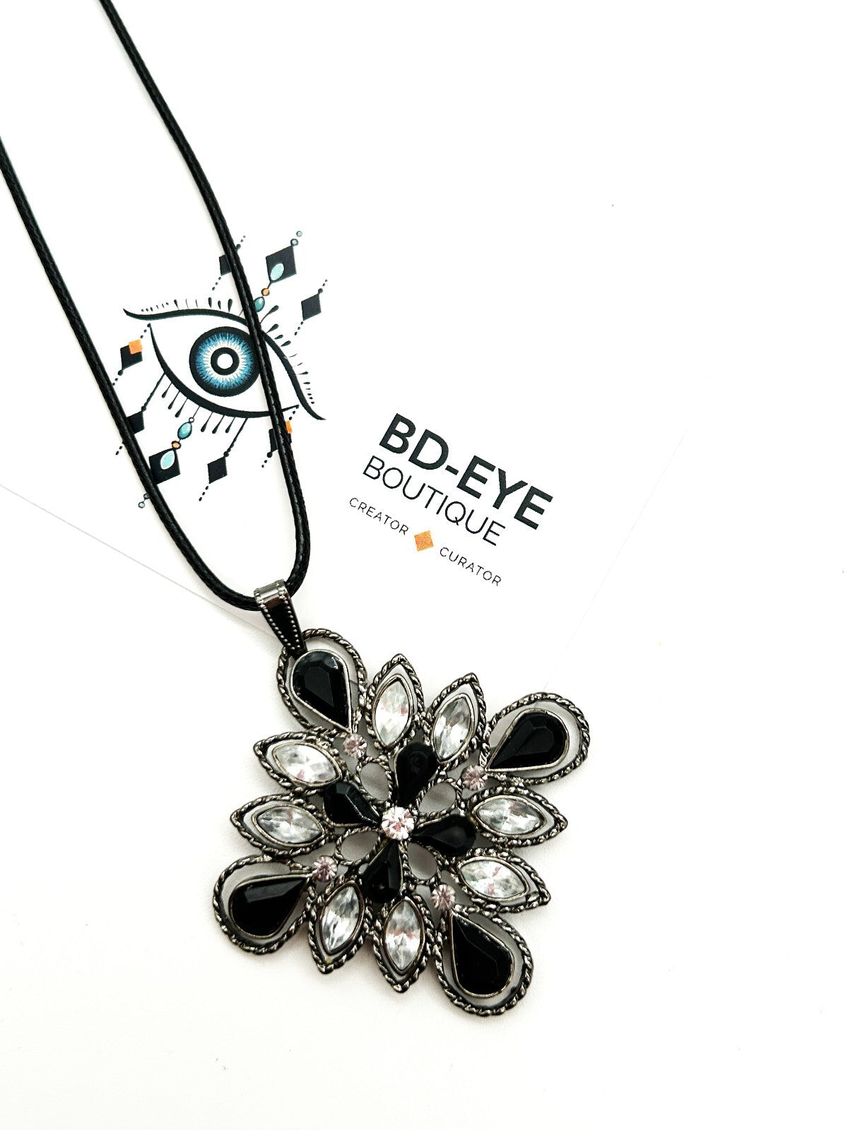 Gothic Black Clear Rhinestone Flower Pendant Necklace Gunmetal Floral Statement