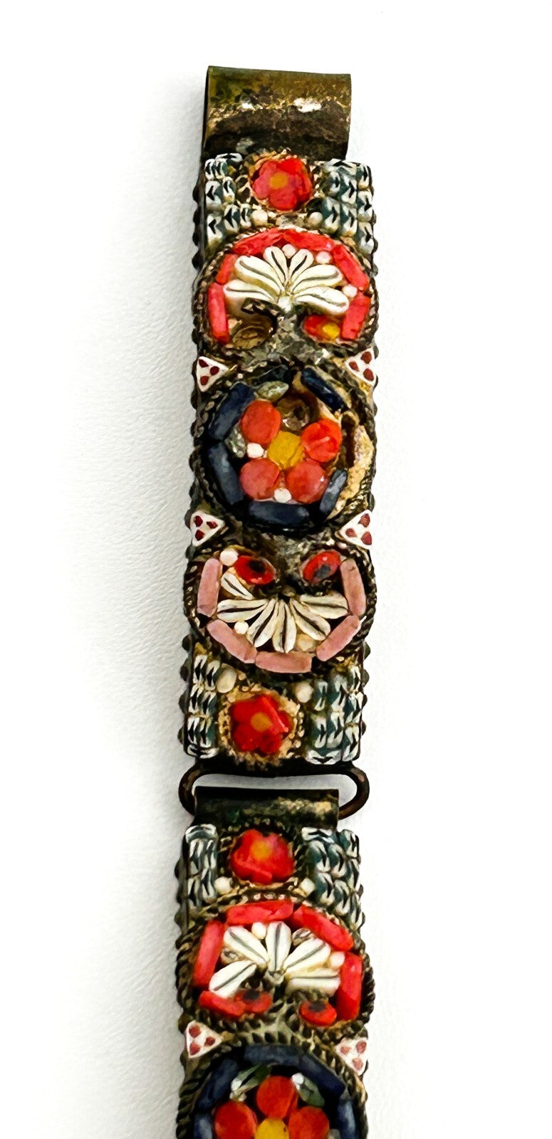 Vintage Italian Micro Mosaic Bracelet RM Made In Italy Red Floral Panel Bracelet