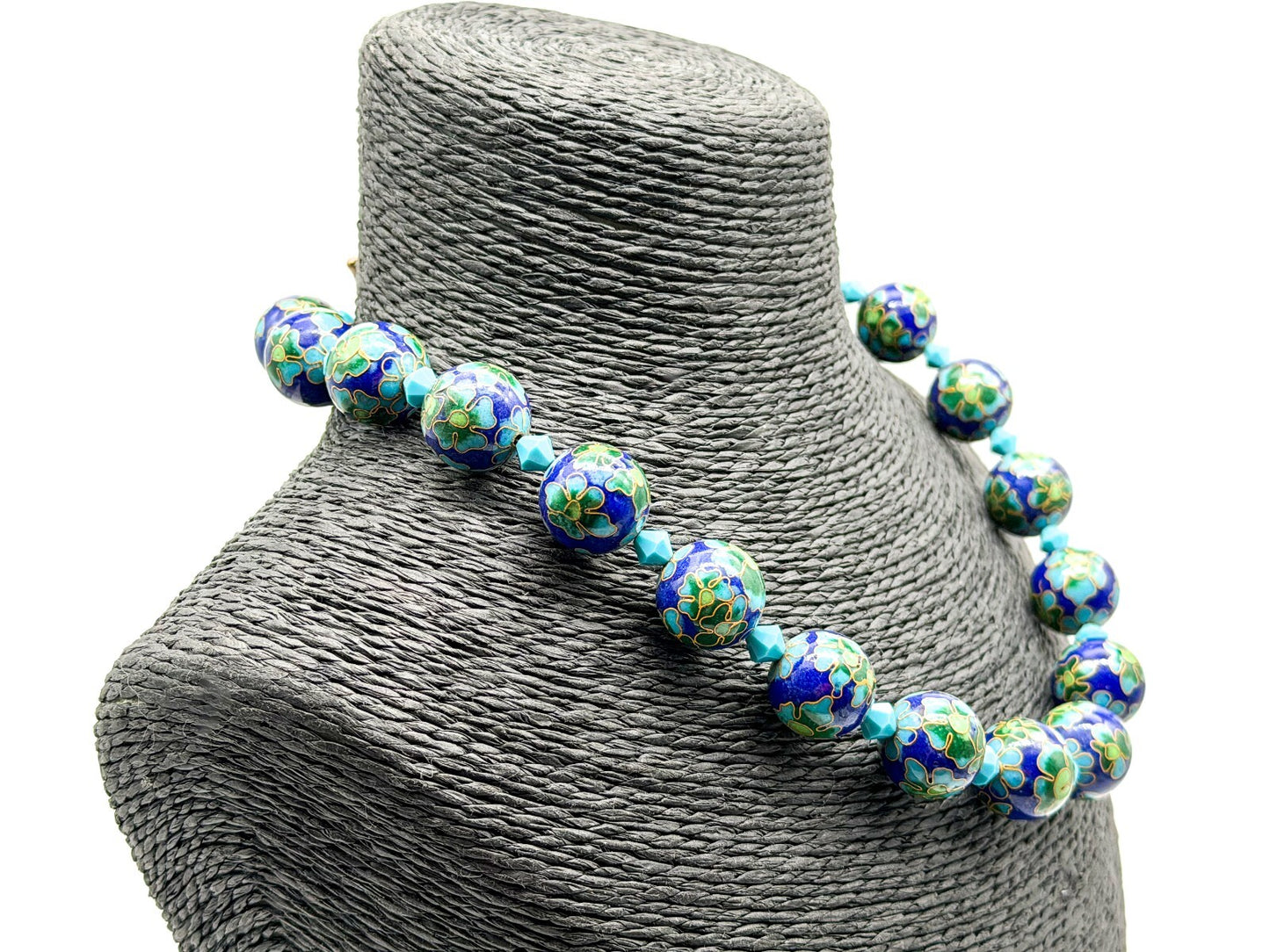 Cloisonné Enamel Bead Necklace Blue Green Floral Artisan Toggle Statement