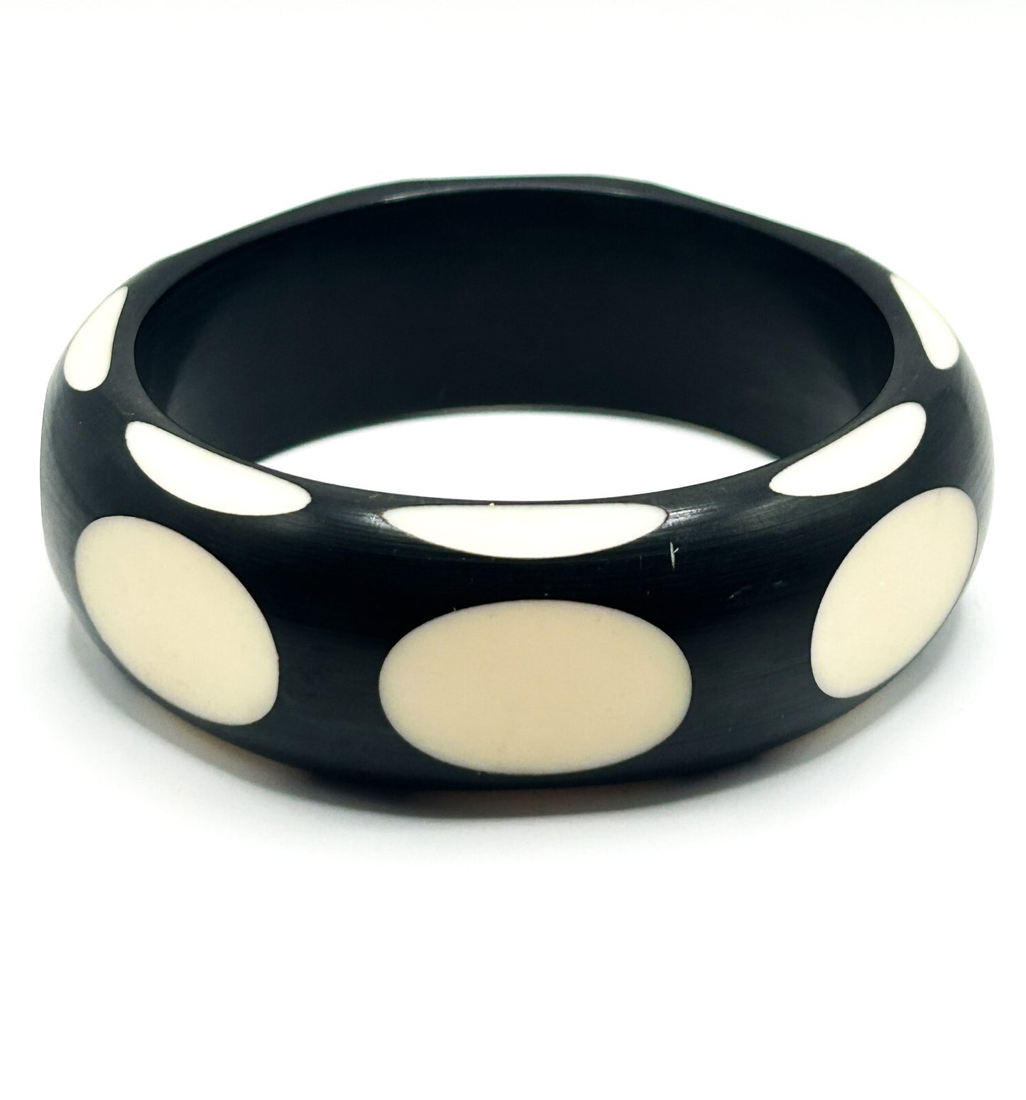 Vintage Black Cream Polka Dot Chunky Acrylic Bangle Bracelet Retro Mod