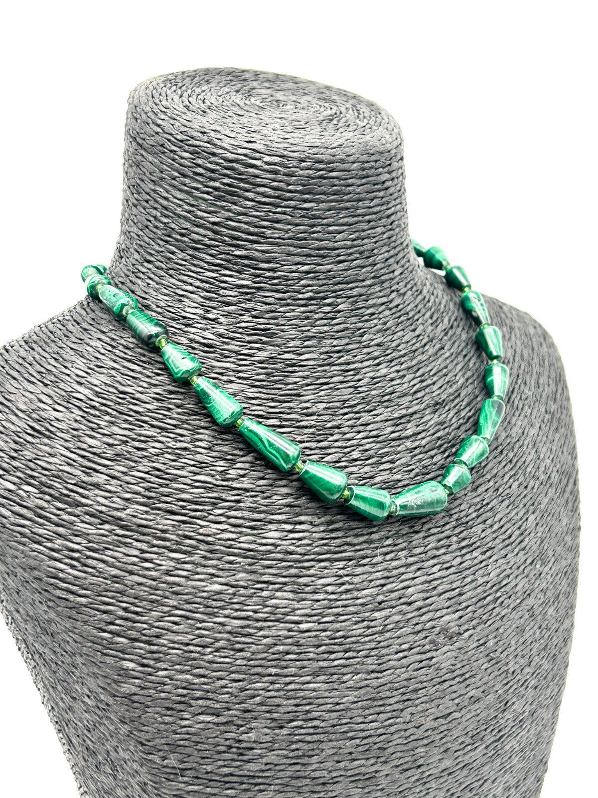 Vintage Genuine Malachite Bead Necklace Green Gemstone Cone Beads 15.5”