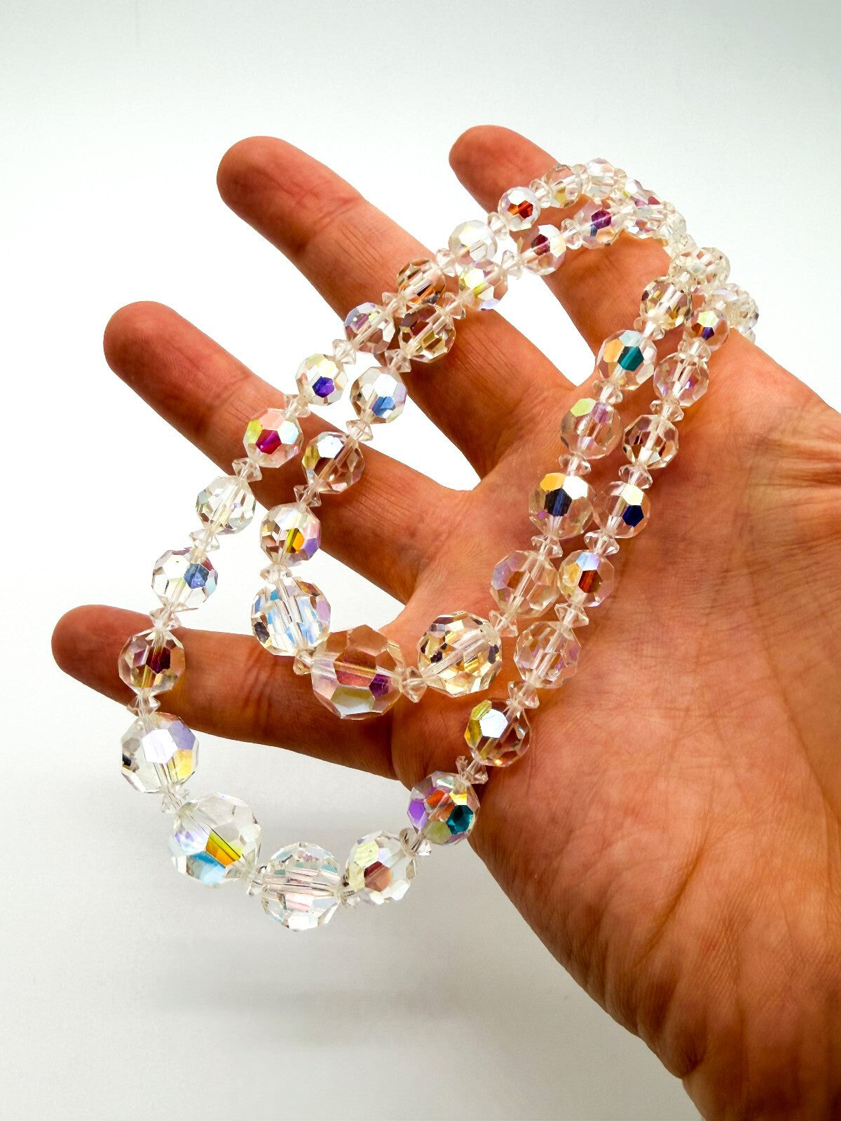 Vintage Aurora Borealis Crystal Necklace 2 Strand AB Glass Rhinestone Clasp 19"