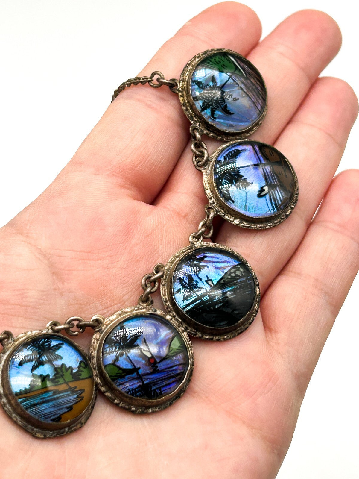 Morpho Butterfly Wing Necklace Tropical Painted Bubble Glass Brazil 1920s-1930s