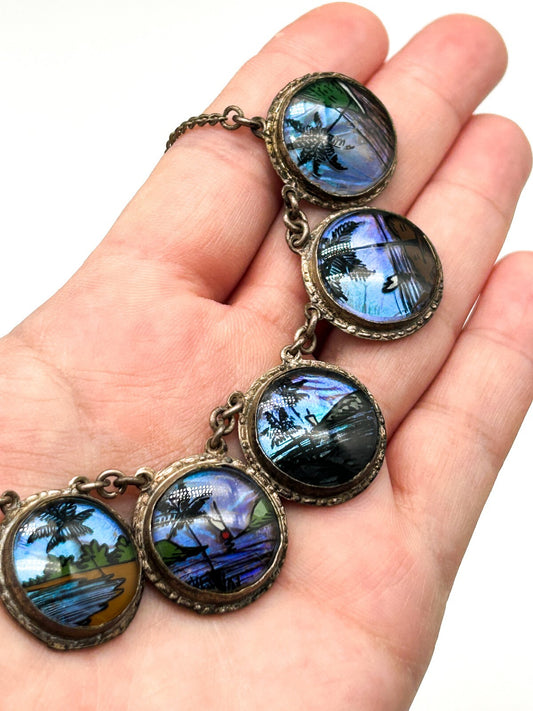 Morpho Butterfly Wing Necklace Tropical Painted Bubble Glass Brazil 1920s-1930s