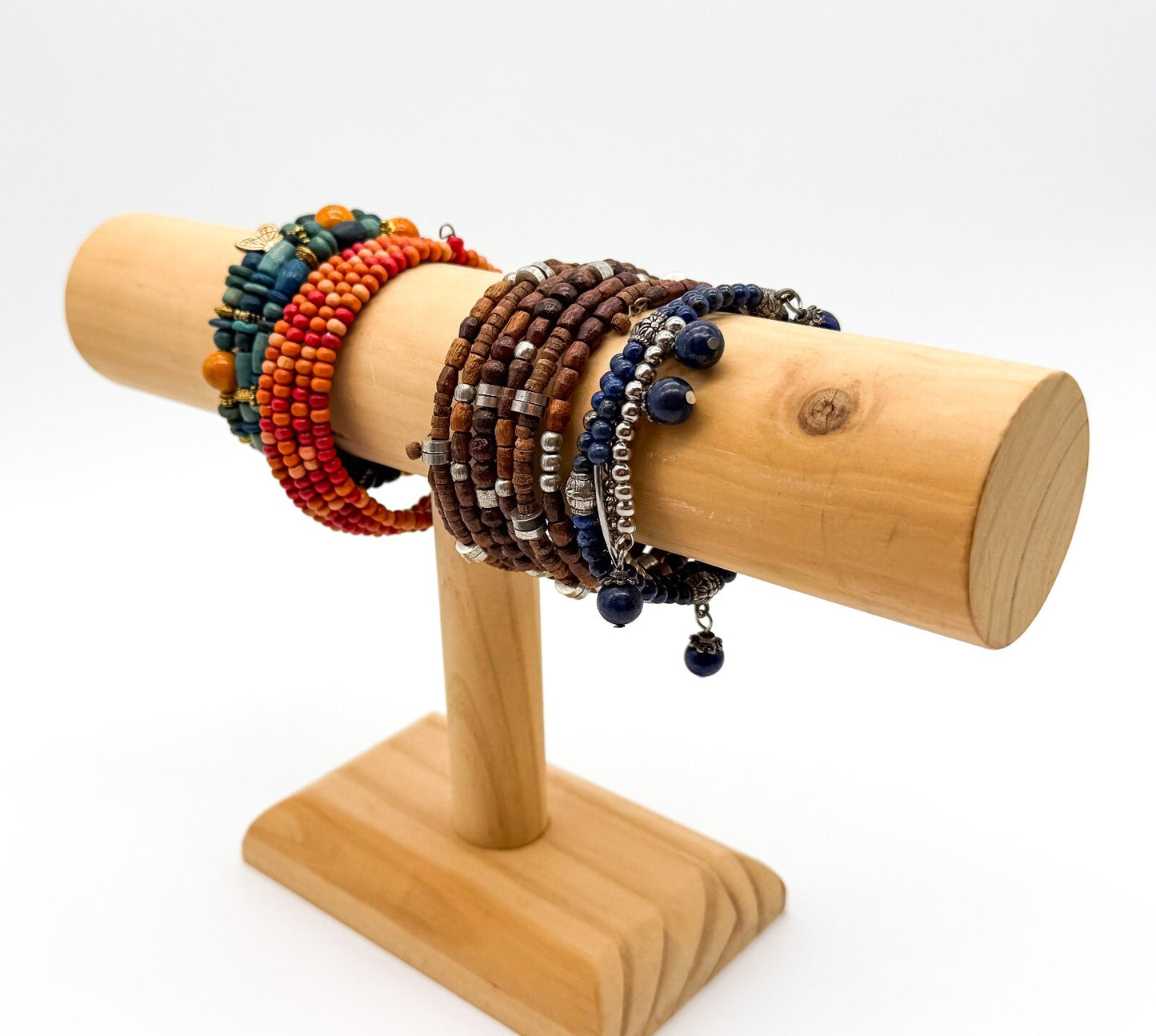 Boho Memory Wire Bracelet Bundle Set 4 Lapis Lazuli Wood Beaded Stack Bracelets