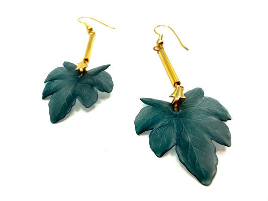 Teal Green Leaf Drop Earrings Gold Tone Vintage Deadstock Handmade Originals