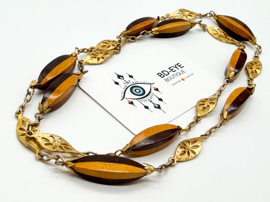 Vintage Two Tone Wood Necklace Gold Tone Openwork Floral Links Long