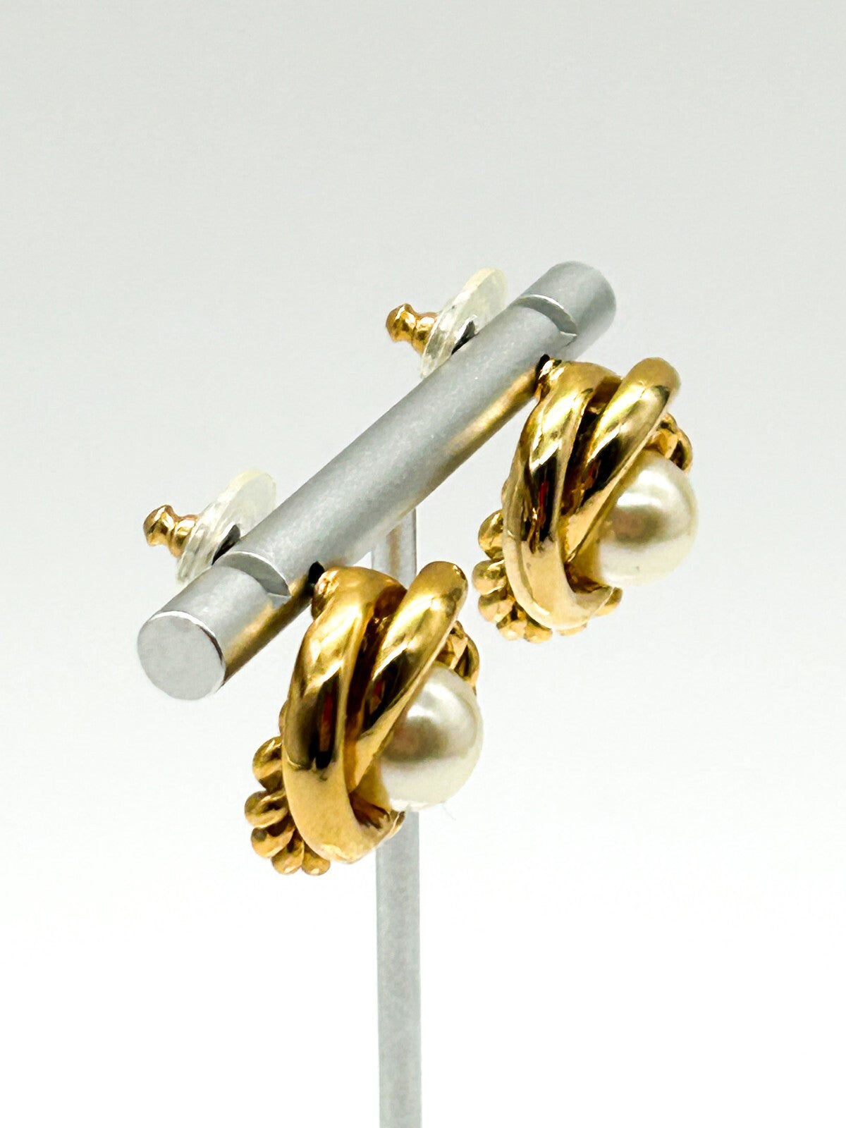 Vintage Gold Tone Faux Pearl Knot Stud Earrings Rope Effect Statement Posts