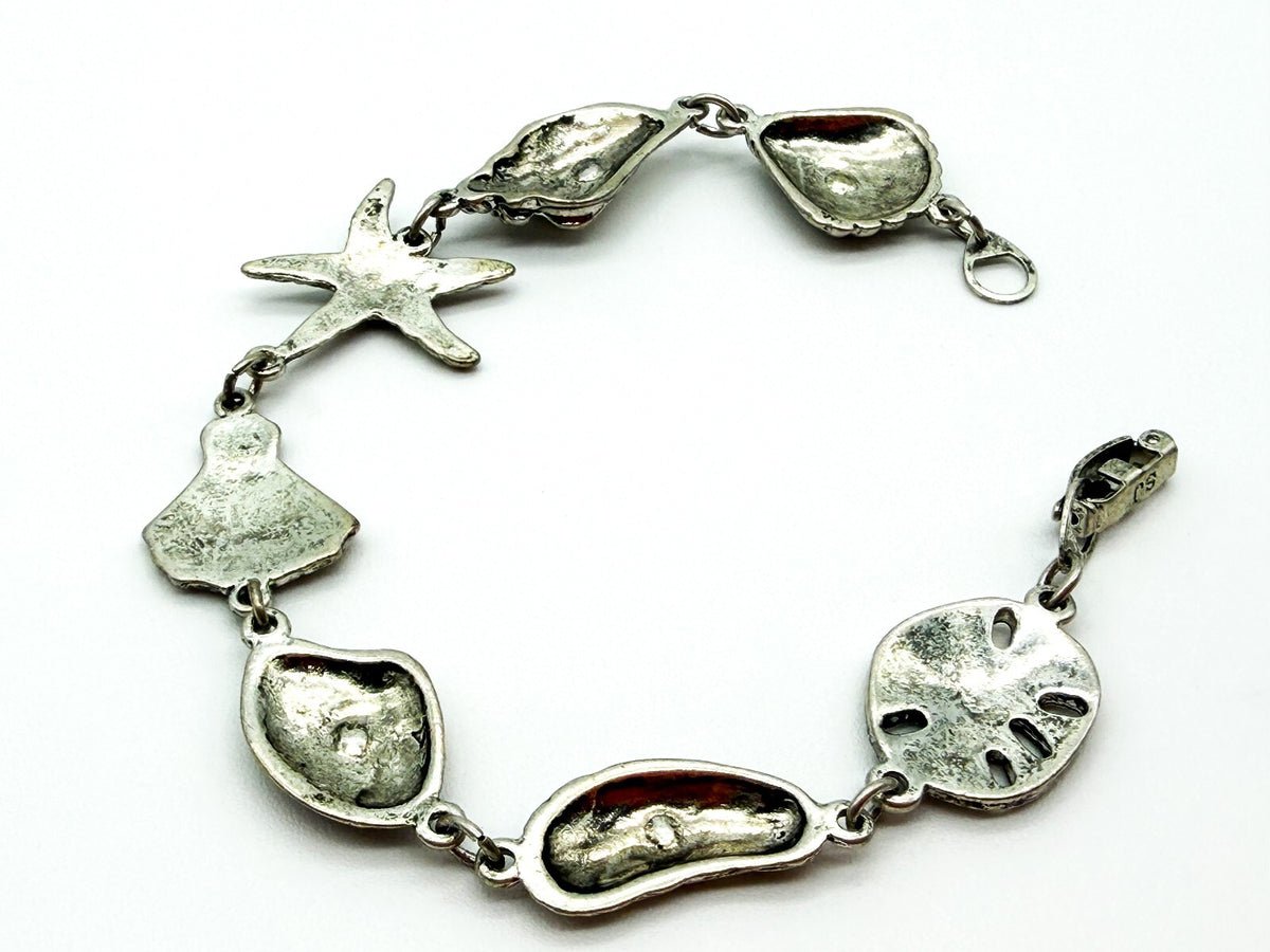 Signed SJ Silver Tone Beach Charm Bracelet Shell Starfish Nautical 7.5”