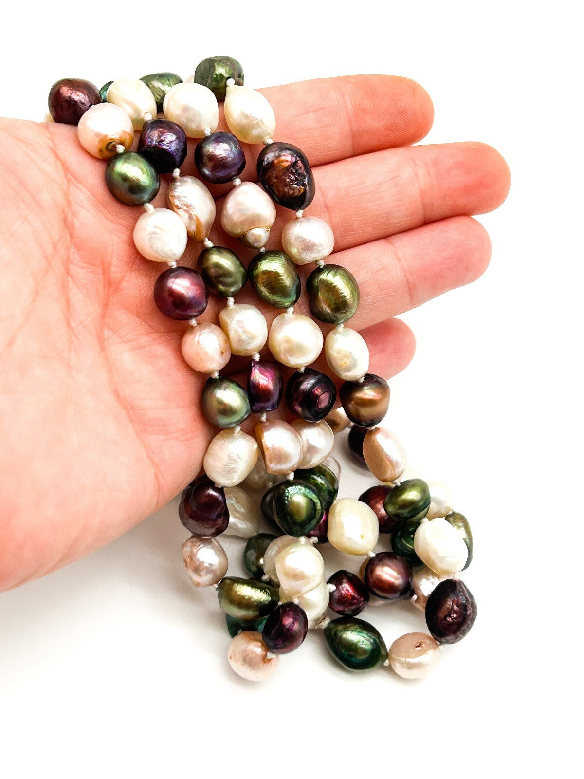 Vintage Hand Knotted Cultured Freshwater Pearl Necklace Multicolour Baroque 23”