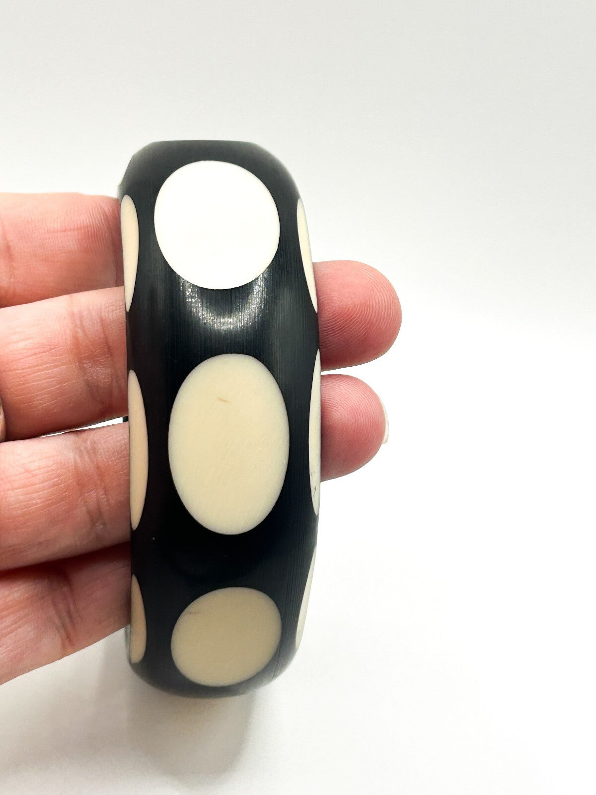 Vintage Black Cream Polka Dot Chunky Acrylic Bangle Bracelet Retro Mod