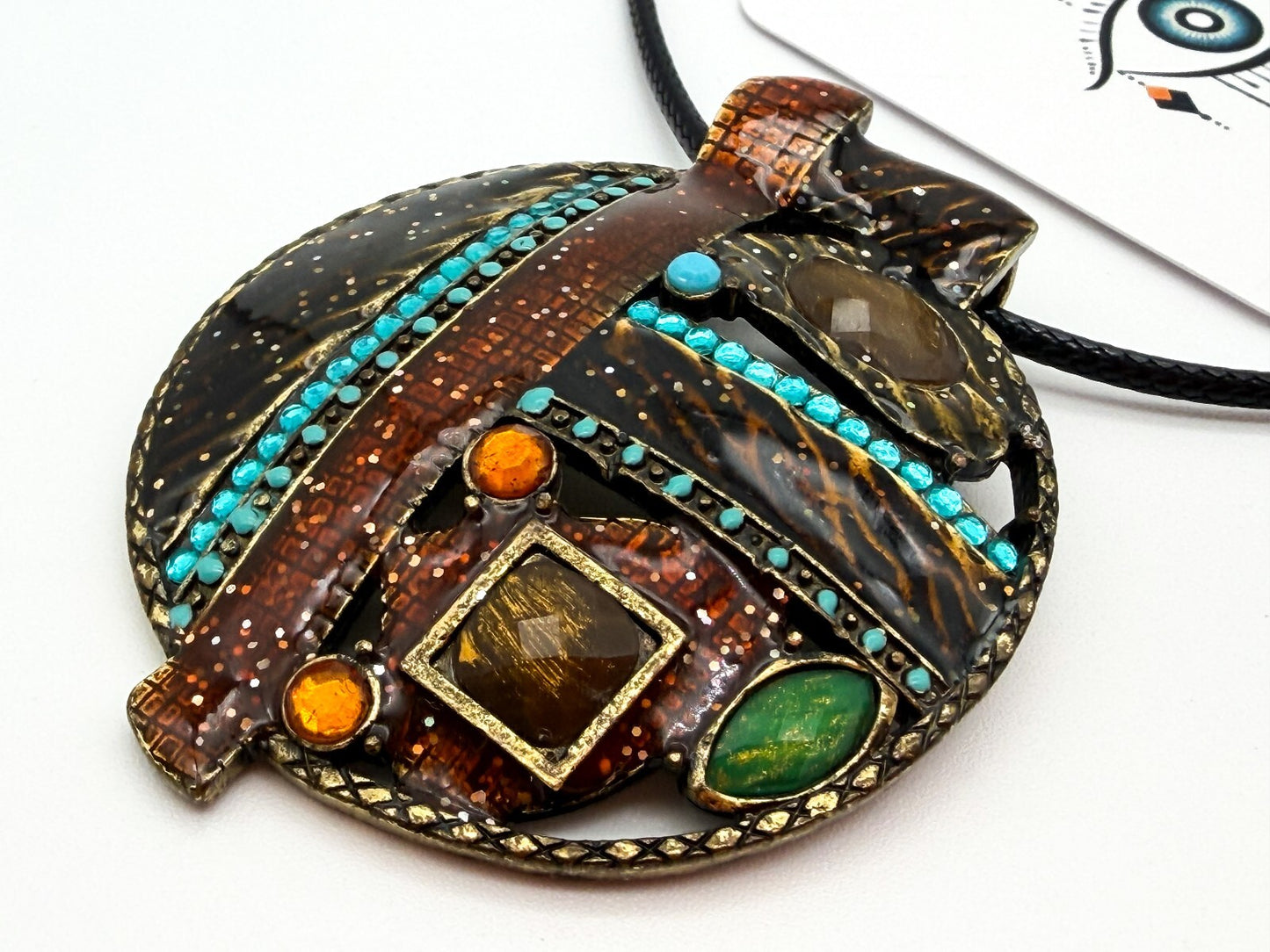 Ikita Paris Statement Pendant Necklace Brown Enamel Turquoise Rhinestone Cord